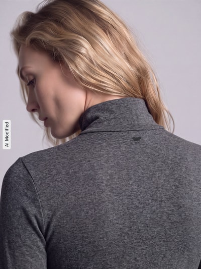 Frauenmodel trägt Slim Fit Langarmshirt aus Viskose-Mix Modell 'MULTIF' von Weekend Max Mara in Dunkelgrau, Ganzkörperansicht Rückansicht, KI-modifiziertes Bild.