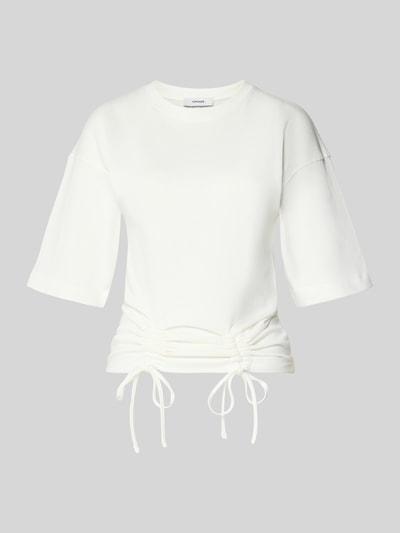 Produktfoto, t-shirt z bawełny o prostym kroju Topshop, model 'MALLE', okrągły dekolt, wiązane marszczenia, biały kolor, długość tyłu 66 cm w rozmiarze S