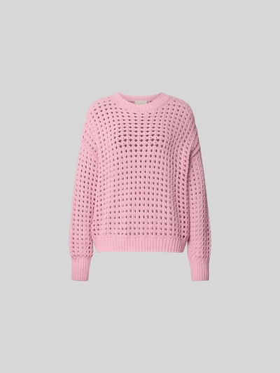 Productfoto, Relaxed Fit Pullover met ajourpatroon van Juvia in roze katoen met ronde hals en elastische boorden, ruglengte 58 cm in maat S