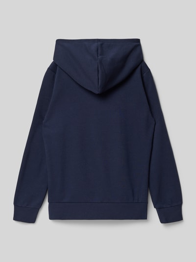 Produktfoto, dunkelblauer Hoodie aus Baumwoll-Mix von CHAMPION mit Kapuze, Känguru-Tasche und Label-Print, elastische Abschlüsse