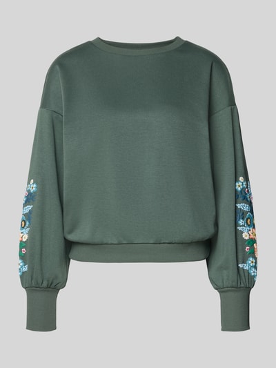Produktfoto, Relaxed Fit Sweatshirt aus reiner Baumwoll-Mix Modell 'BROOKE' von ONLY w kolorze zielonym, kwiatowe hafty, struktura gładka, damska bluza ONLY