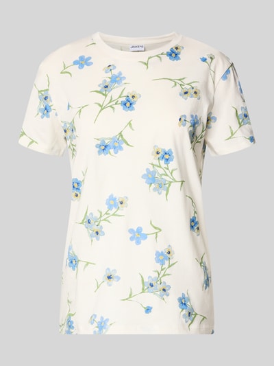 Produktfoto, cremefarbenes T-Shirt im Allover-Look mit blau-grünem Blumenmuster, Rundhalsausschnitt, Regular Fit, reine Baumwolle, Jake*s Casual