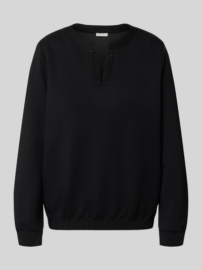 Produktfoto, Regular Fit Bluza z dodatkiem wiskozy od Tom Tailor, jednokolorowa, aplikacja z wyhaftowanym logo, kamienie stras, dekolt w serek, długi rękaw, elastyczne zakończenia, wykończenie: dzianina dresowa