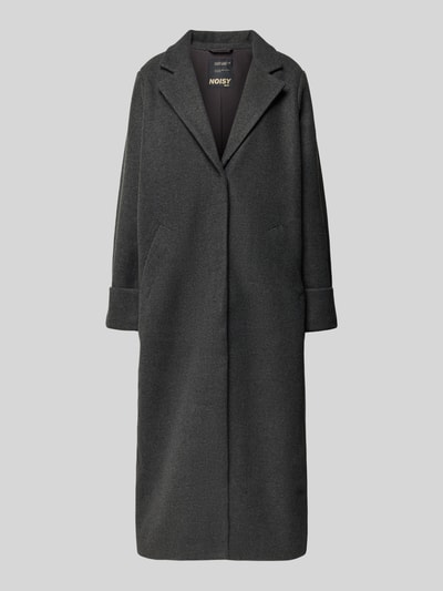 Produktfoto, dunkelgrauer Damen Mantel mit Reverskragen Modell 'CADDY' von Noisy May, Relaxed-Fit, Eingrifftaschen, Ärmel mit Aufschlag, Rückenlänge 120 cm, Schulterbreite 43 cm, Brustweite 52 cm, Ärmellänge 65 cm.