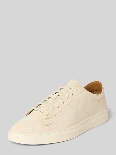 Produktfoto, Low Top Sneaker aus reinem Rindnubuk Modell 'Kieran_Tenn_wcsd' von BOSS in Beige, unifarben, runde Spitze, flache Sohle, strukturierte Lederoptik, Label-Prägung, Schnürung