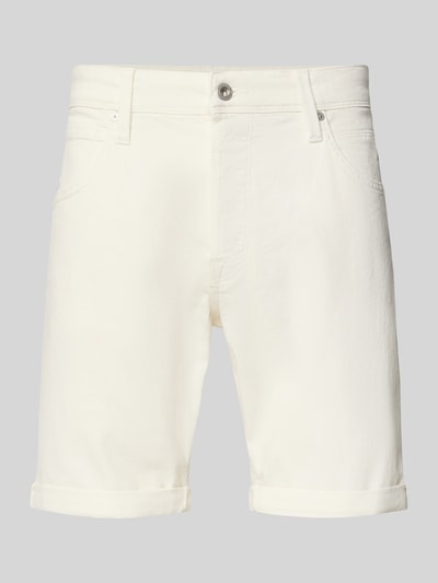 Produktfoto, weiße Regular Fit Jeansshorts Modell 'RICK' von Jack & Jones aus Baumwoll-Mix mit Stretch, sichtbare Eingrifftaschen.
