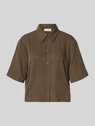 Productfoto, Relaxed Fit Bluse aus reinem Lyocell van Marc O'Polo Denim in effen olivekleurig piqué, hemdkraag, korte mouw, label stitching
