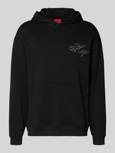 Produktfoto, Regular Fit Hoodie aus reiner Baumwolle Modell 'DALENTO' von HUGO in Schwarz, uni, Sweatstoff, Kängurutasche, Label-Schriftzug