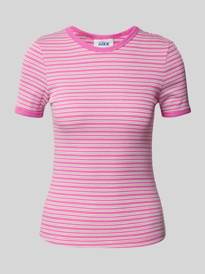 Productfoto, t-shirt met ronde hals model 'FRANKIE' van JJXX, roze-wit gestreept, mix van katoen en elastaan, nauwsluitende pasvorm