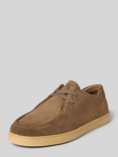 Produktfoto, Schnürschuhe aus echtem Veloursleder Modell 'KARO 4B' von Marc O'Polo in Optik: Unifarben, Schuhspitze abgerundet, flacher Absatz, Label-Prägung, Schnürung, strukturierte Sohle, Materialverarbeitung: Velours, Material: echtes Leder