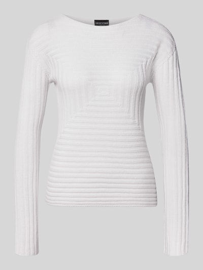 Produktfoto, Strickpullover mit Strukturmuster von Emporio Armani in Weiß, taillierte Passform, Rundhalsausschnitt, Langarm, feine Rippenstruktur