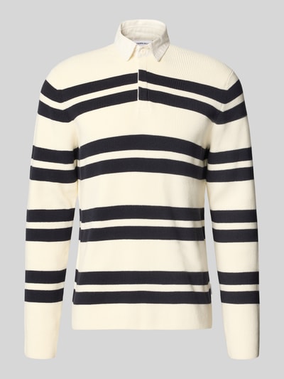 Productfoto, Slim Fit Poloshirt aus Baumwoll-Mix van Lindbergh, Heren poloshirt, katoenmix, slim fit, polokraag, met lange mouwen, ruglengte maat M 70 cm, mouwlengte maat M 69 cm, zwart-wit met horizontale strepen, fijne ribtextuur