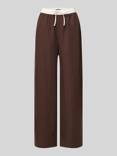 Produktfoto, Wide Fit Stoffhose mit Viskose-Anteil von REVIEW in Braun mit weißen Nadelstreifen, elastischem Bund und Tunnelzug, Damen Stoffhose