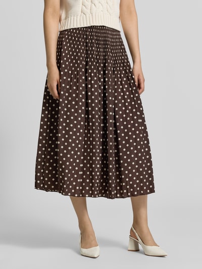 Vrouwenmodel draagt Ausgestellter Maxi-Rock met Allover-Muster model 'Ribane doty' van OPUS, bruin met witte stippen, Dames maxirok, volledige lichaamsaanzicht van voren