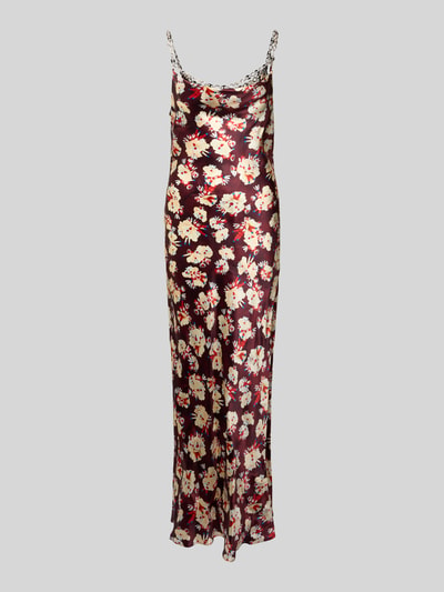 Produktfoto, Maxikleid aus reiner Seide von Rabanne mit floralem Muster in Bordeaux und Creme, Spaghettiträger aus Gliederketten, körpernahe Passform, Maxilänge, ärmelloses Design, glatte, glänzende Textur