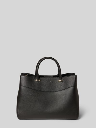 Produktfoto, schwarze Henkeltasche aus echtem Rindsleder Modell 'BOSS BEYOND NEWTOTE' von BOSS, genarbte Textur, Label-Prägung, Magnetverschluss, unifarben.