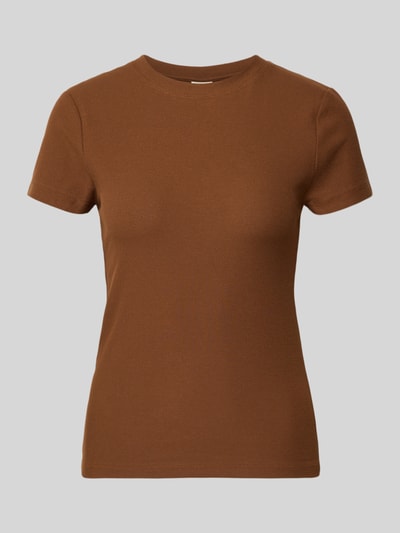 Produktfoto, braunes Slim Fit T-Shirt mit Rundhalsausschnitt Modell 'COSTINA' von Stefanel, Baumwoll-Elasthan-Mix, schlichte Struktur.