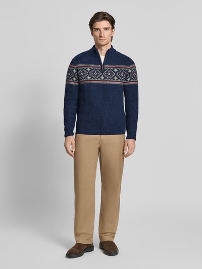 RAGMAN Sweter z mieszanki wełny z norweskim wzorem i kołnierzem zapinanym Granatowy 1