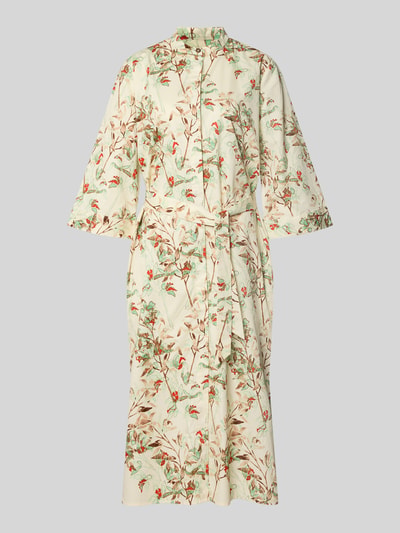 Produktfoto, sukienka koszulowa im Allover-Look mit Bindegürtel von Fynch-Hatton, prosty krój, sukienka midi, okrągły dekolt, rękaw o dł. 3/4, długość tyłu w rozmiarze 36: 124 cm, szerokość w rozmiarze 36: 53 cm, długość rękawów w rozmiarze 36: 45 cm, wzór na całej powierzchni, kremowy materiał z kolorowymi roślinnymi motywami, gładka tekstura