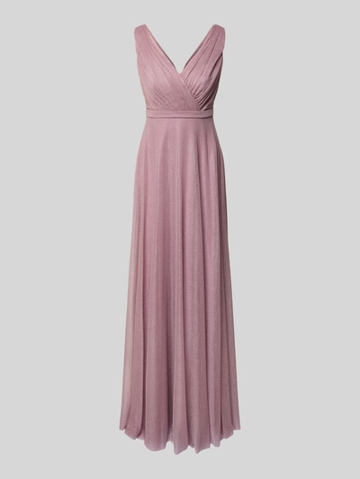 Produktfoto, Regular Fit Abendkleid mit Glitzer-Mesh von TROYDEN COLLECTION w kolorze różowego brokatu, dekolt V, fason taliowany, bez rękawów, długość pleców w rozmiarze 36: 136 cm, szerokość w rozmiarze 36: 37 cm, optyka plisowania