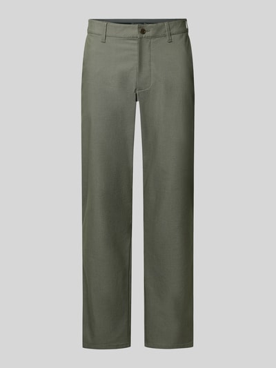 Produktfoto, Straight Fit broek uit katoenmix van Christian Berg Men in olijfgroen met structuurpatroon, gulp- en achterzakken, knoop- en ritssluiting, bandwijdte maat 50: 47 cm, binnenbeenlengte maat 50: 84 cm