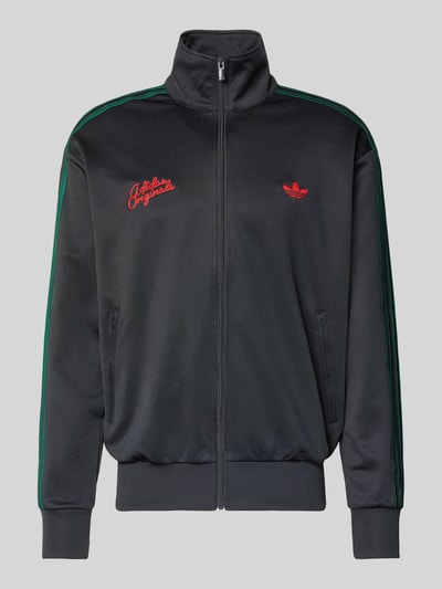 Productfoto, Sweatjacke mit Logo-Stitching und Stehkragen van adidas Originals in zwart met groene strepen, recht model, katoenmix, rits, logo-stitching, zijritszakken, elastische boorden, ruglengte maat M 69 cm, mouwlengte maat M 64 cm