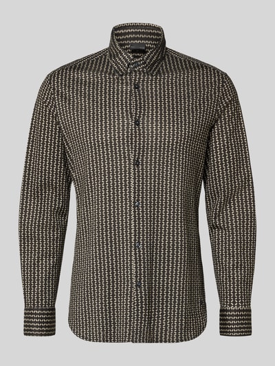 Produktfoto, Freizeithemd mit Knopfleiste von Emporio Armani im schwarz-beigen Zickzackmuster, Lyocell-Baumwoll-Mix, Regular-Fit, Kentkragen, Rückenlänge 78 cm, Schulterbreite 43 cm, Ärmellänge 69 cm