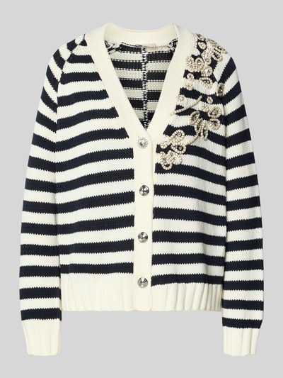 Produktfoto, Relaxed Fit Cardigan mit Ziersteinbesatz von Liu Jo White, Schwarz-Weiß, floraler Zierbesatz, Strick-Optik, V-Ausschnitt, Knopfleiste, elastische Abschlüsse, Baumwoll-Mix