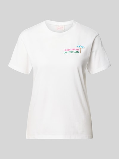 Produktfoto, weißes T-Shirt mit kunterbuntem Motiv- und Statement-Stitching, Rundhalsausschnitt, Modell 'EMILIE' von MC2 Saint Barth, reine Baumwolle, Regular Fit