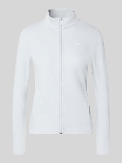 Produktfoto, Slim Fit Trainingsjacke mit Logo-Print von Under Armour in hellem Weiß, glatte Oberfläche, schlichte Linien, Damen Trainingsjacke