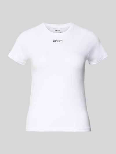 Produktfoto, T-Shirt mit Ziernähten von aim'n, damski t-shirt, krój slim fit, półprzezroczysty materiał, okrągły dekolt, ozdobne szwy, długość tyłu w rozmiarze S: 55 cm