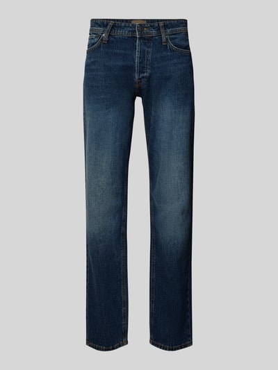 Produktfoto, Straight Fit Jeans im 5-Pocket-Design Modell 'MIKE' von JACK & JONES, dunkelblauer Baumwoll-Mix mit Stretch-Anteil, Gerader-Schnitt, Knopf- und Reißverschluss, Bundweite 42 cm, Innenbeinlänge 81 cm, dezente Waschung.