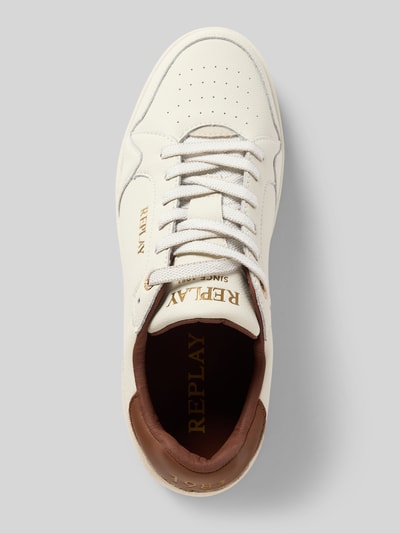 Produktfoto, Sneakersy z zaokrąglonym czubkiem, wiązanie, model 'SMASH SMART' od Replay, detale z logo, wysokość obcasa 3 cm, wysokość cholewki 6 cm, szerokość w rozmiarze 44: 8 cm, kolor kremowy z brązowymi akcentami, gładka faktura
