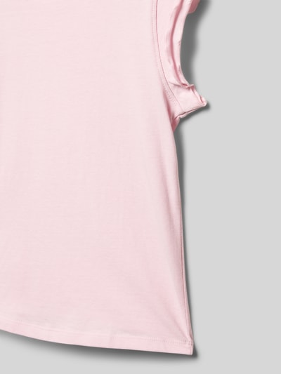 Produktfoto, Kinder T-Shirt mit Wellensaum an den Ärmeln Modell 'LILI' von Mango in zartem Rosa, Reine Baumwolle, Gerader-Schnitt, Rundhalsausschnitt, Rückenlänge bei Größe 128: 42 cm, glatte Textur
