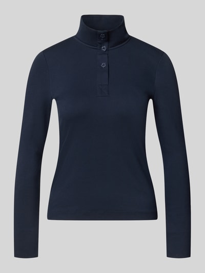Produktfoto, Slim Fit Longsleeve aus mieszanka bawełny od Marc Cain, kolor granatowy, stójka, listwa guzikowa, długość tyłu w rozmiarze 36: 55 cm