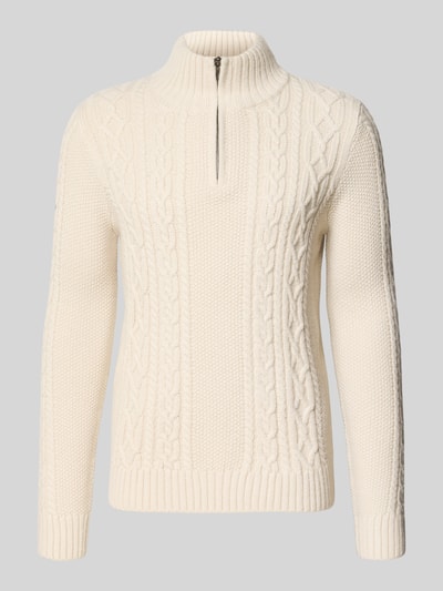 Produktfoto, Slim Fit Strickpullover mit Woll-Anteil Modell 'JACOB' von Superdry, cremefarben, Zopfmuster, Troyer-Kragen, gerippte Abschlüsse.