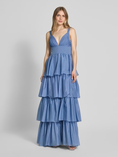 Unique Abendkleid mit Volantsaum und tiefem V-Ausschnitt Blau 4
