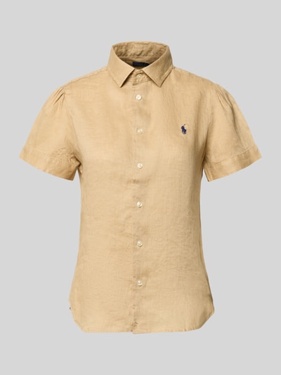 Produktfoto, Regular Fit Leinenbluse aus reinem Leinen von Polo Ralph Lauren, Optik: Unifarben, Flammgarn-Struktur, Logo-Stitching, Hemdkragen, V-Ausschnitt, einreihige Knopfleiste, kurzarm, Damen Kurzarmbluse