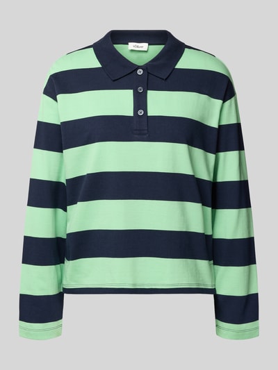 Produktfoto, Loose Fit Poloshirt aus reiner Baumwolle von s.Oliver RED LABEL, dwukolorowy wzór w paski, kołnierzyk polo, dekolt w serek, listwa guzikowa, długi rękaw, wykończenie proste, boczne rozcięcia, asymetryczny dół, drobne prążkowanie, 100% bawełna