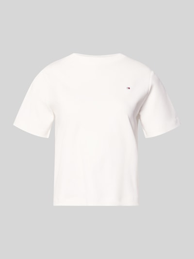 Produktfoto, Boxy Fit T-Shirt aus reiner Baumwolle von Tommy Hilfiger, Optik: Unifarben, Passform: Boxy-Fit, Logo-Stitching, Rundhals, Ärmelform: Kurzarm, Materialverarbeitung: Interlock, Material: Reine Baumwolle, weiß, glatte Struktur.