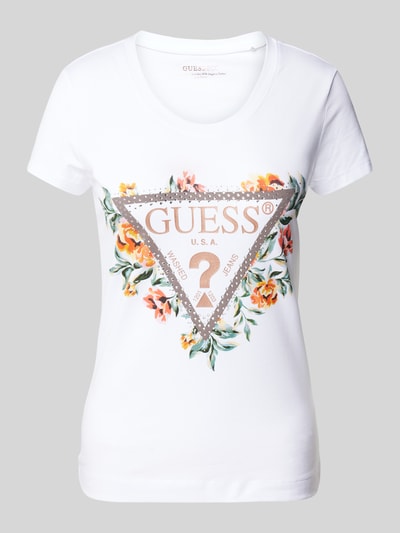 Guess T-Shirt mit Motiv- und Label-Print Modell 'TRIANGLE FLOWERS' Weiss 2