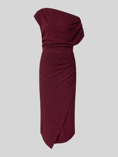 Produktfoto, Cocktailkleid mit One-Shoulder-Träger von Rinascimento in Bordeaux mit Stretch-Anteil, taillierter Passform und Raffungen.