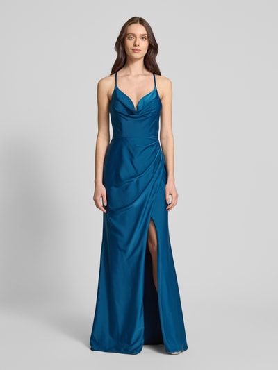 Luxuar Avondjurk met plooien opzij Oceaanblauw - 4
