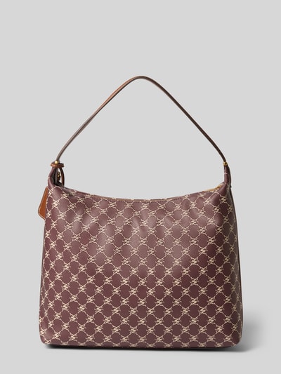 Produktfoto, Shoulder Bag mit Reißverschluss Modell 'PORTA' von MANGO, allover Logo-Print, schmaler Schulterriemen, glattes Material, Maße 33x33x11 cm, Innenfach, braune und cremefarbene Töne