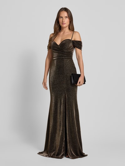 TROYDEN COLLECTION Avondjurk met hartvormige hals en loopsplit Goud gemêleerd - 1