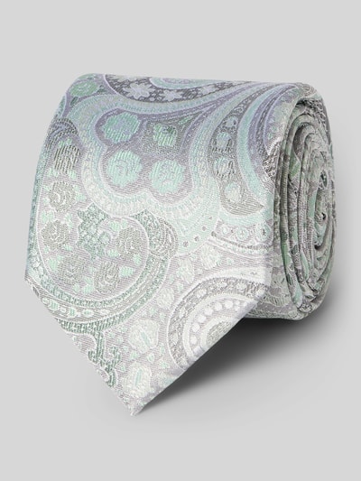 Produktfoto, Krawatte und Einstecktuch im Set aus reiner Seide von Prince Bowtie, Herren, klassische Form, silber-grünes Paisleymuster, dezenter Glanz, glatte Textur, verstellbare Kragenweite