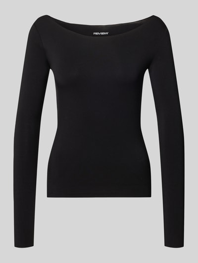 Produktfoto, schwarzes Slim Fit Langarmshirt U-Boot-Ausschnitt von REVIEW, Lyocell-Mix mit Stretch-Anteil, elastischer Bund, schlichtes Design