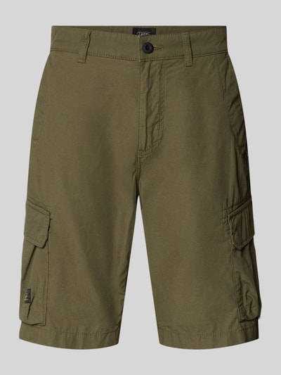 Productfoto, Bermudas met cargozakken van camel active in olijfgroen, puur katoen, regular fit, steekzakken, labeldetail, bandwijdte maat 32: 44 cm, binnenbeenlengte 26 cm