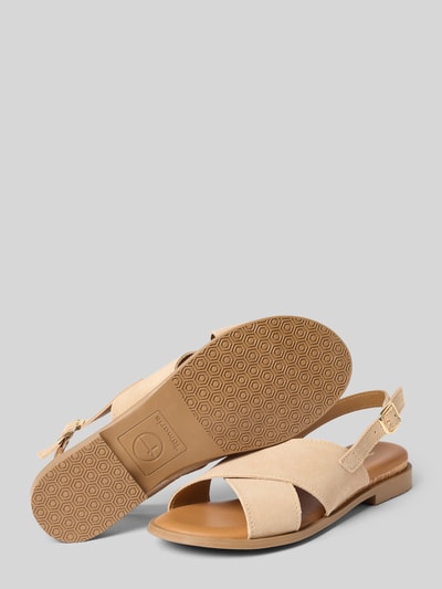 Produktfoto, Sandalen aus echtem Leder von Tamaris in Optik: Unifarben mit abgerundeter Schuhspitze, Blockabsatz, Label-Prägung, Dornschließe, strukturierte Sohle, Materialverarbeitung Veloursleder.