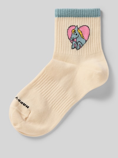 Produktfoto, cremefarbene Socken aus Baumwoll-Mix Modell 'LOVE PONY' von Happy Socks mit Ripp-Optik, Label-Detail und Pony-Motiv.